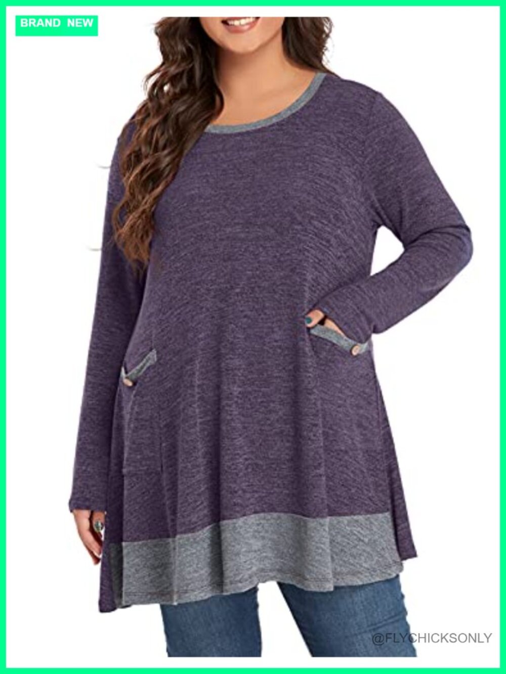 Plus Size Long Sleeve Tunic Top Knit Swing Sweater with Pockets